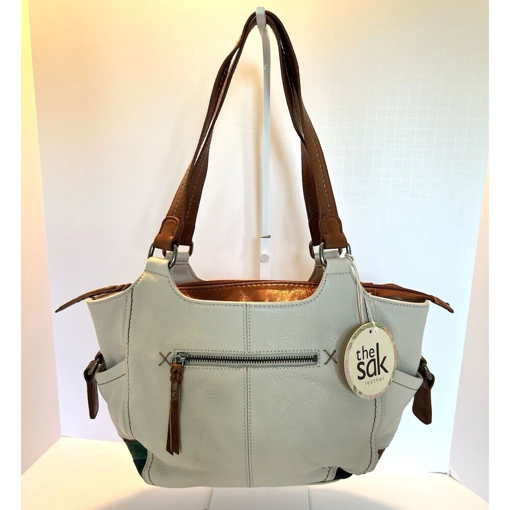 The Sak Kendra Leather Satchel Bag Cream Tan Blue Green Colorblock NWT 1990's